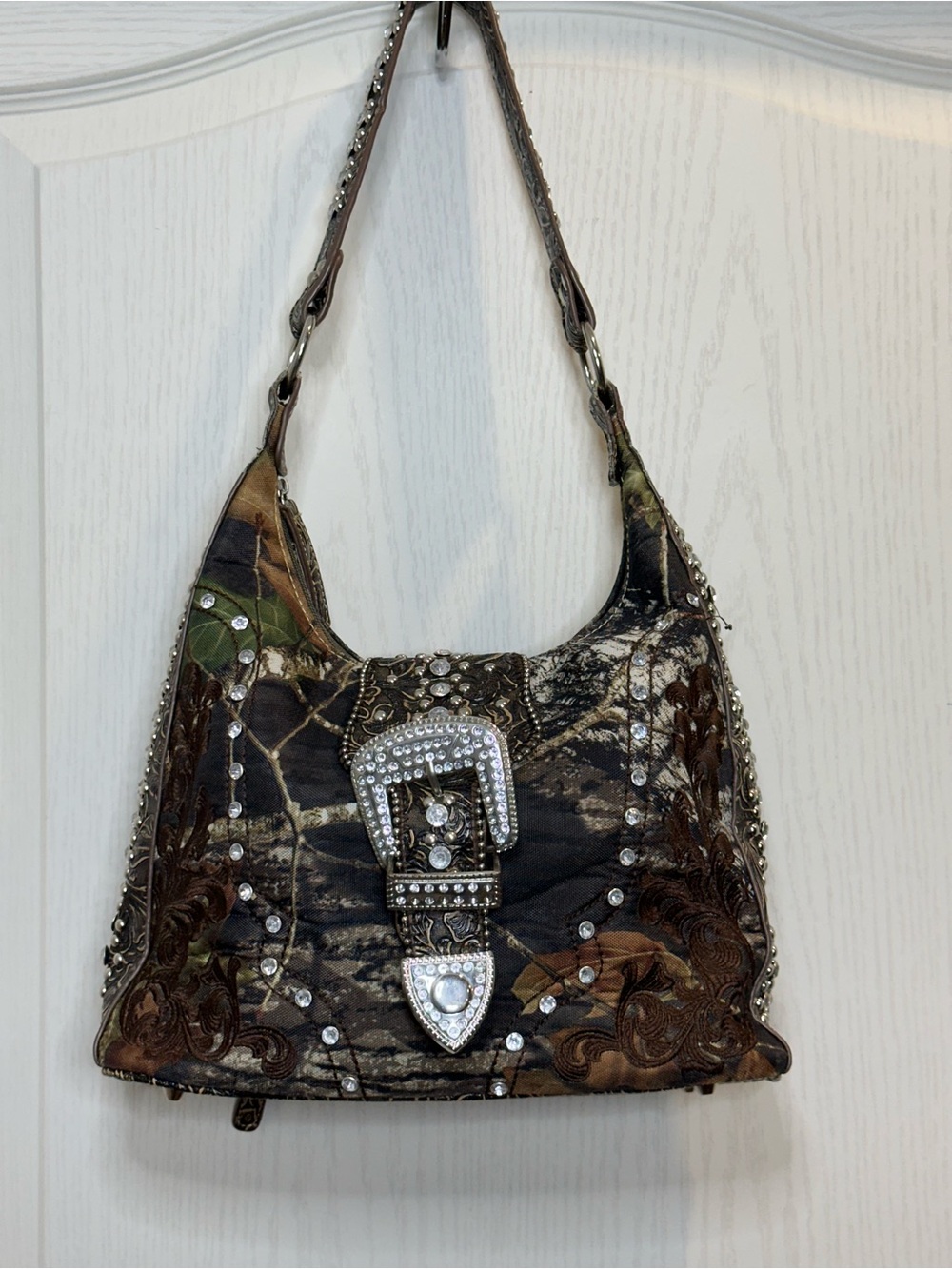 Y2K Western Mossy Oak Camo Bling Hobo Bag Rhinestone Buckle